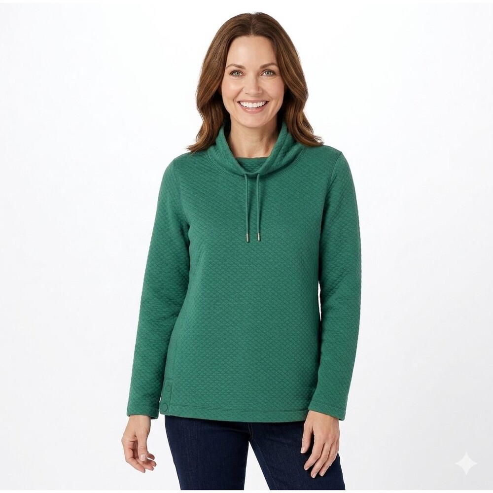 L.L. Bean Quilted Cowl Neck Pullover Top Size XL Green Diamond Knit Drawstring